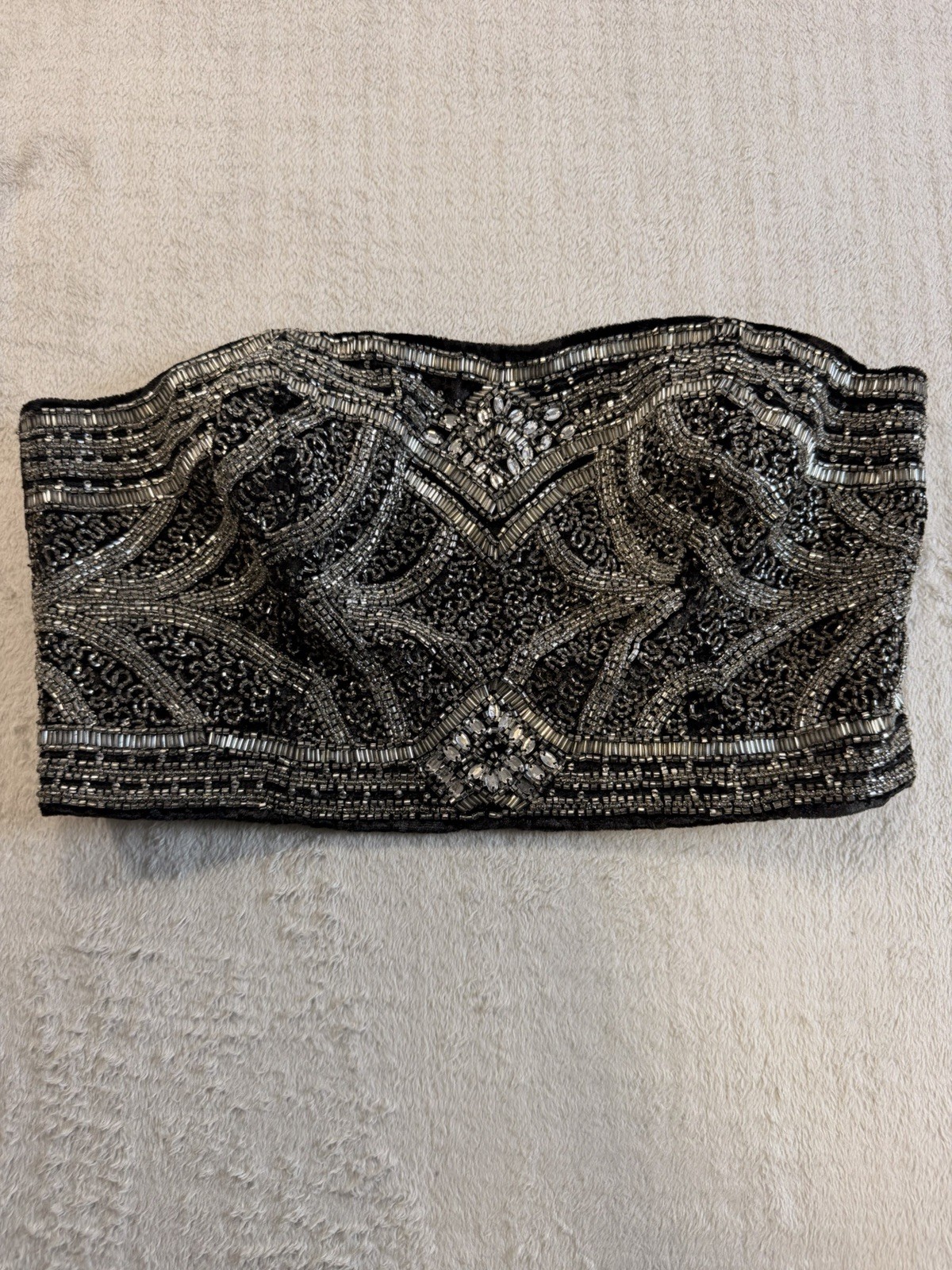 Kimchi Blue Beaded Strapless Bustier Crop Top Black Silver Art Deco Glam Sz S