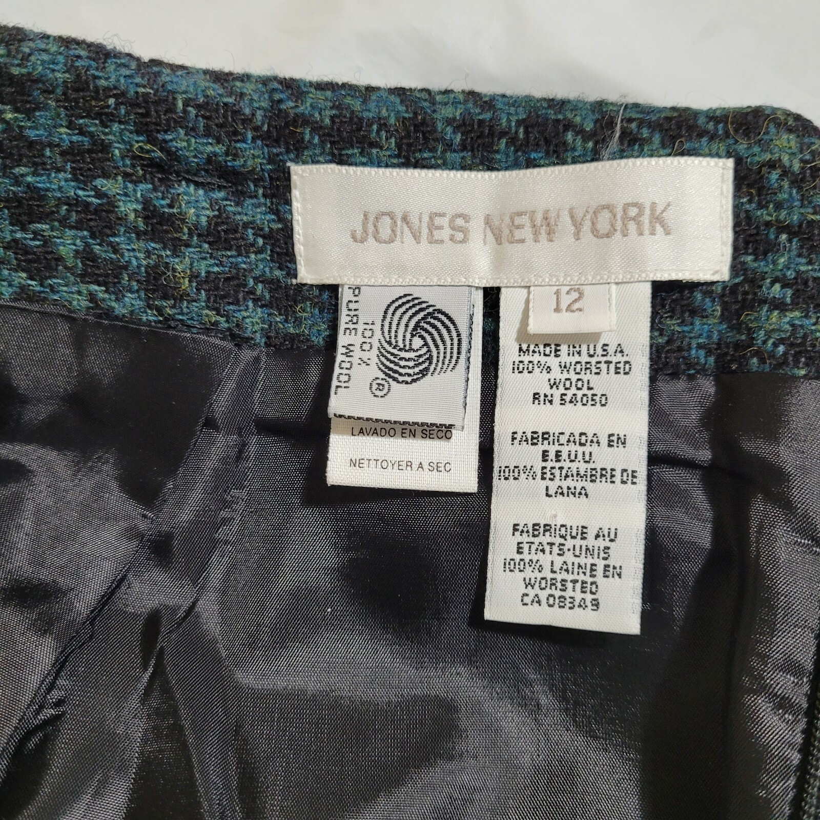 Jones New York Skirt Womens Sz 12 Tattersall Plaid Wool 90s Vintage Navy & Green