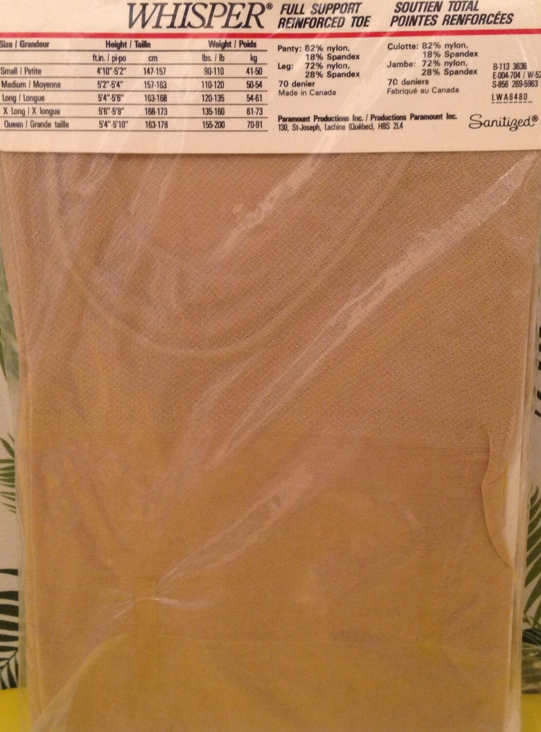 Vintage Pantyhose Whisper Full Support Color Skin Size Long 120-135 Lbs B003D