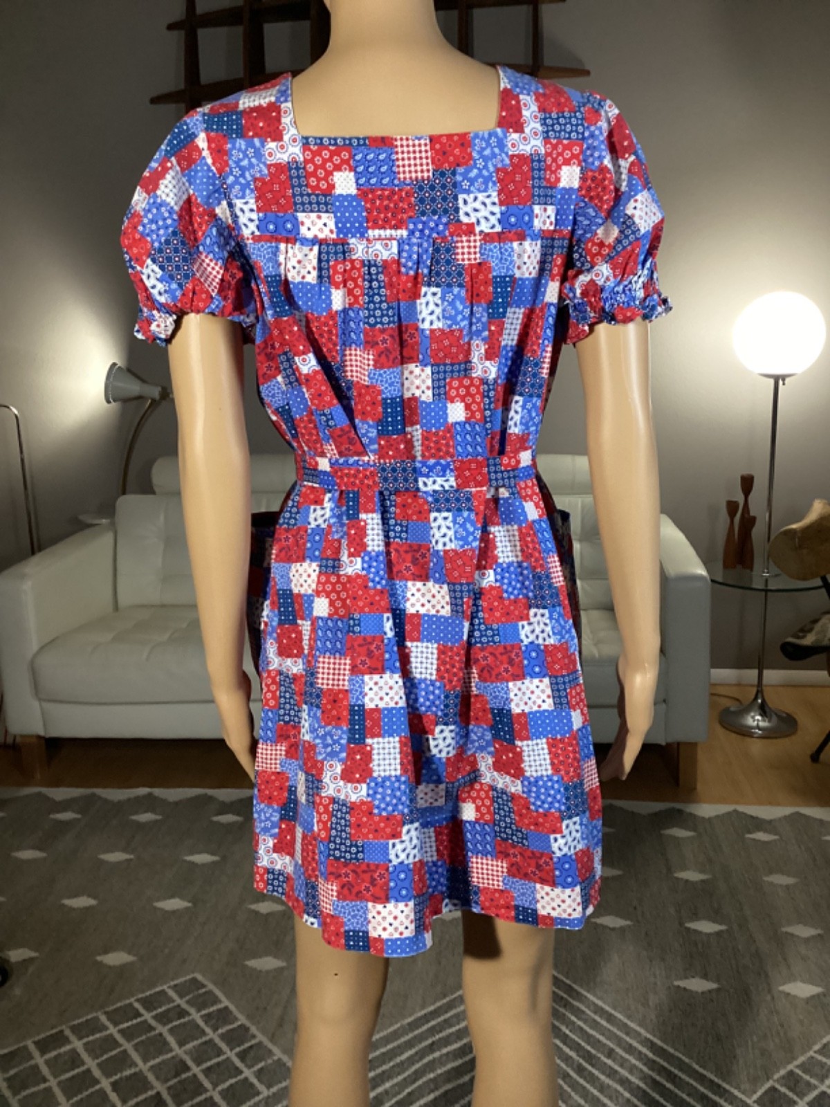 Vintage 1970’s Patchwork Pattern Belted Mini Dress Hippie Boho Open Pockets