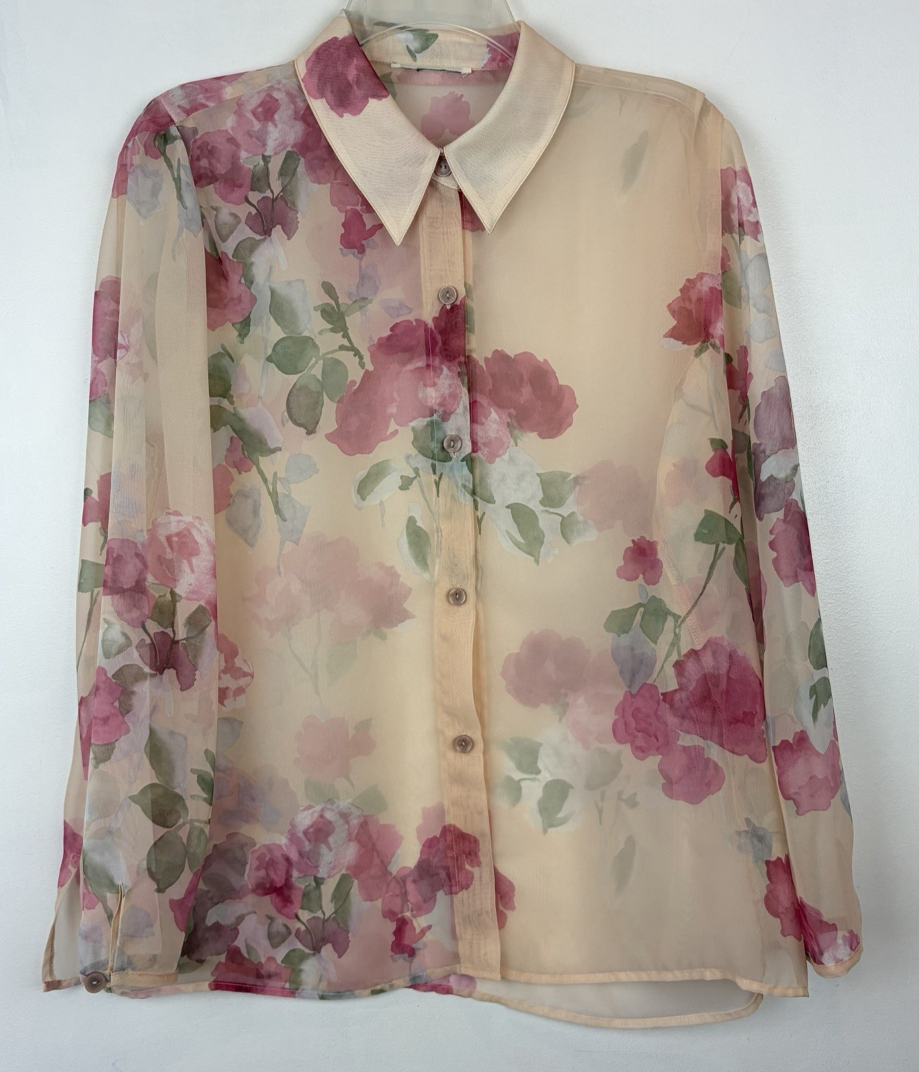 Vintage Sheer Floral Top Womens Large Boho Chiffon Flowy Romantic Career Read