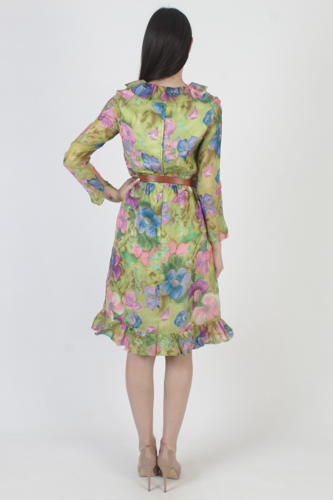 Vtg 60s Romantic Floral Dress Spring Pastel Garden Ruffle Knee Length Gown