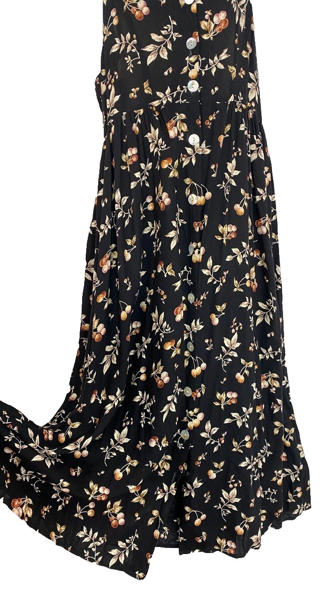 Vintage 1990s black cherry maxi dress S M jumper sleeveless rayon novelty print