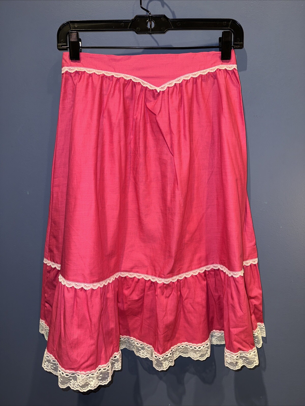 26” Waist Vintage 1960’s Skirt, Kandy Kiss, Pink, White Lace Trim, Elastic USA