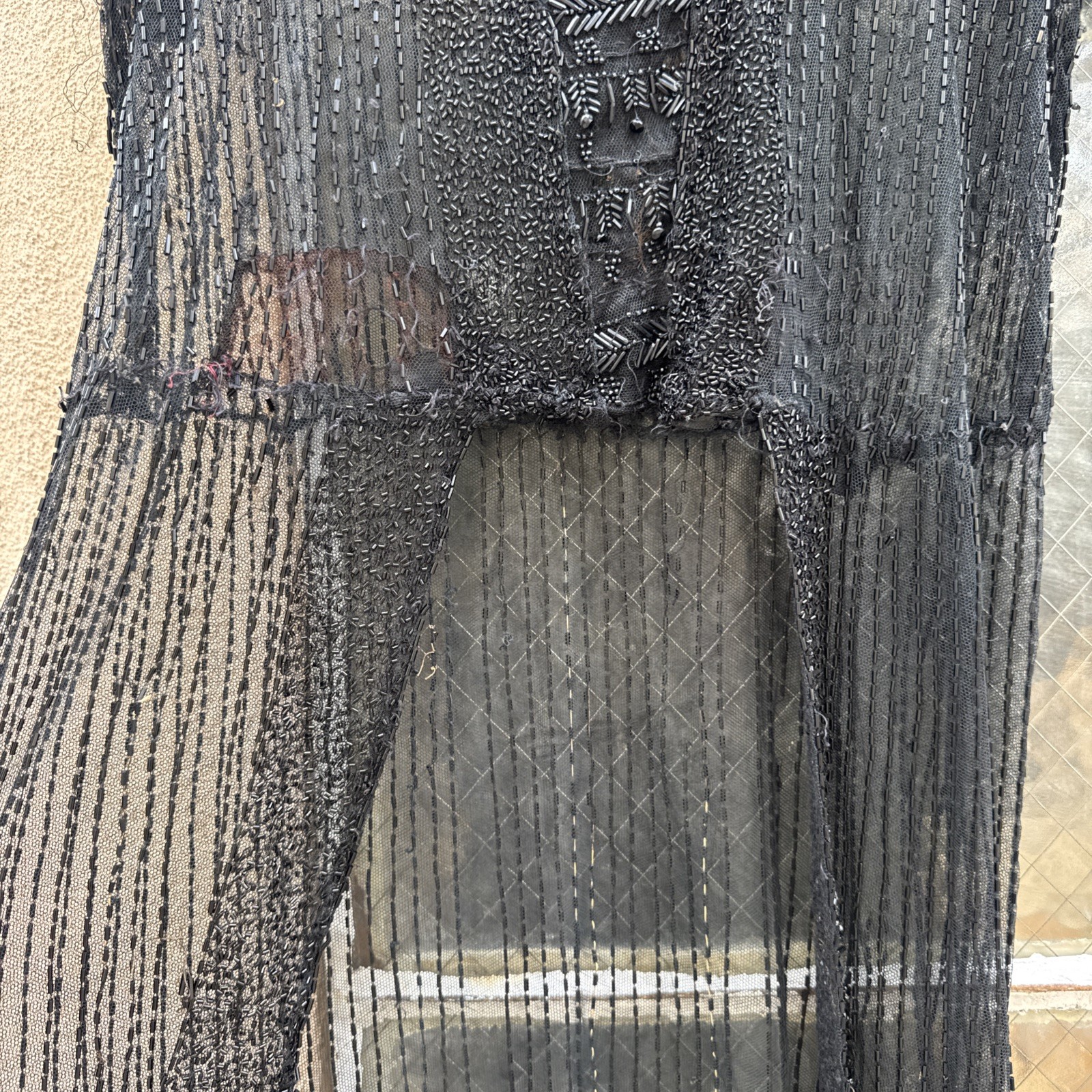 Antique 1920s Black Net Heavily Beaded Dress Train Short in Front Floral Vintage