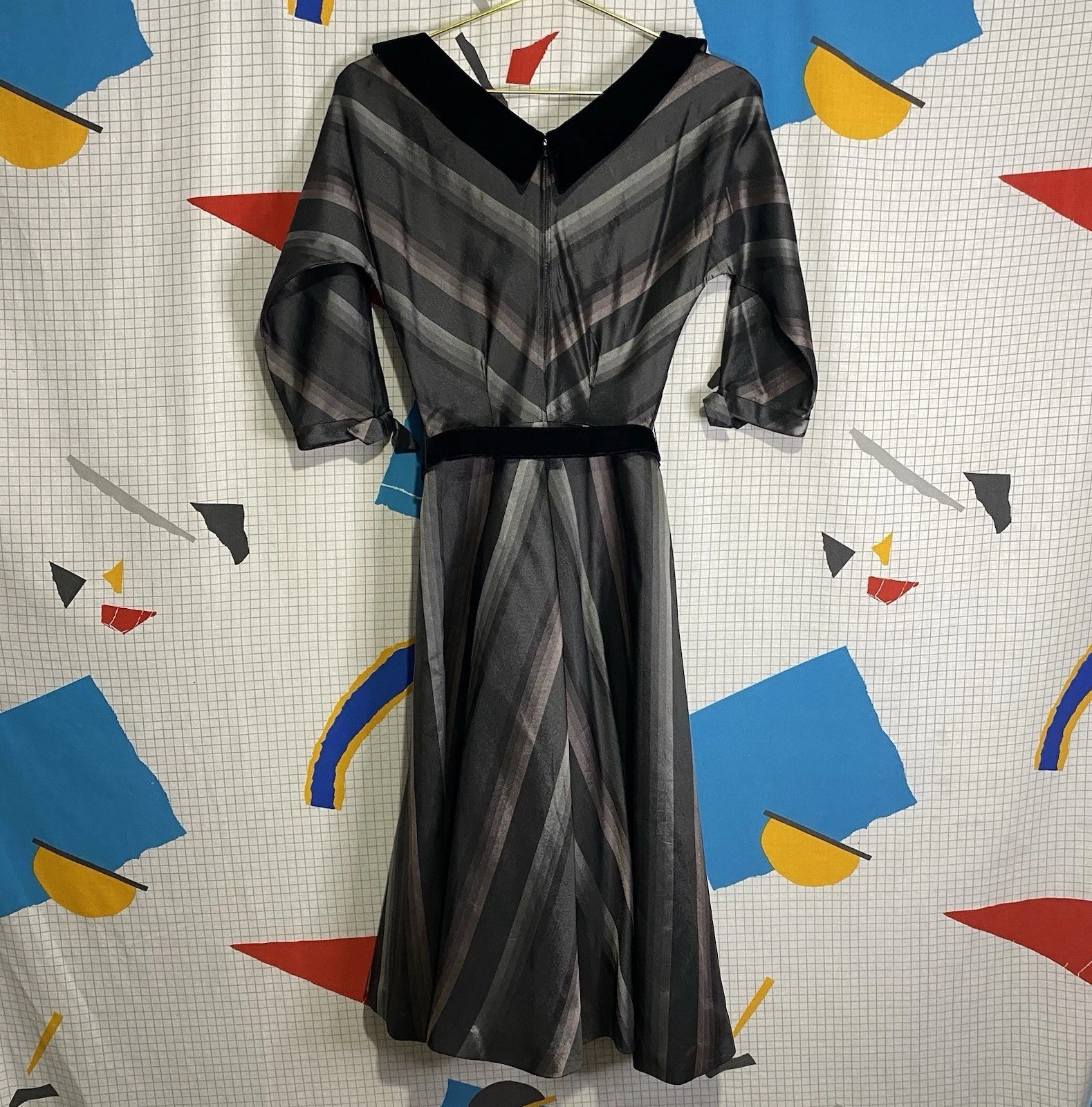Vintage 40s 50s R&K Chevron Dress Velvet Stripe M Ombré Rockabilly Lurex Taffeta
