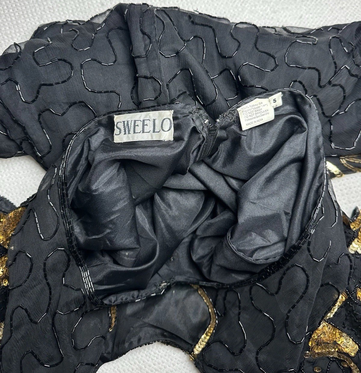 SWEELO Vintage Silk Beaded Black Gold Dress India Art Deco Sequin S 6-8