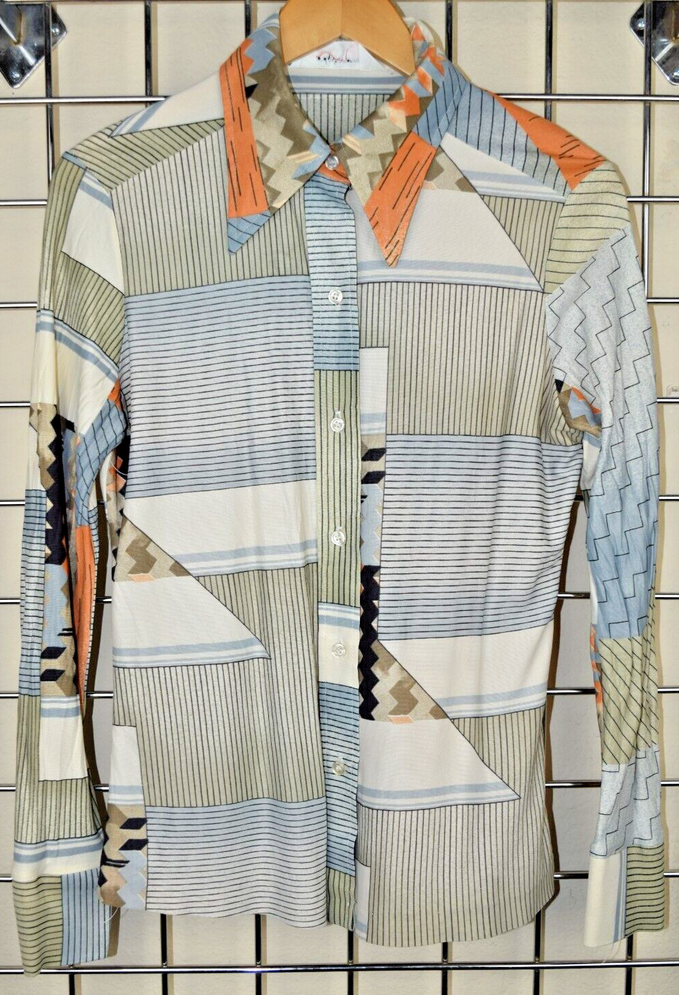 VTG Lady Arrow Shirt Size S 60s Striped Collared Thin Poly Mod Orange Blue Taupe