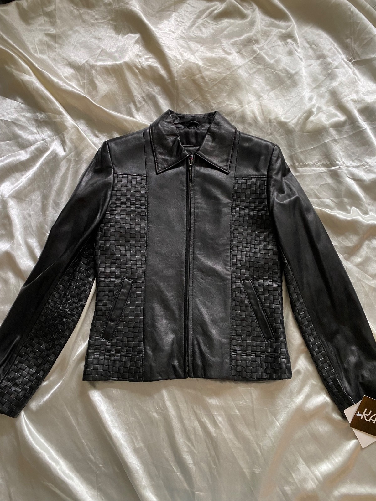 Vintage 1990s NWT Black Woven Leather Jacket Minimalist Medium Classic