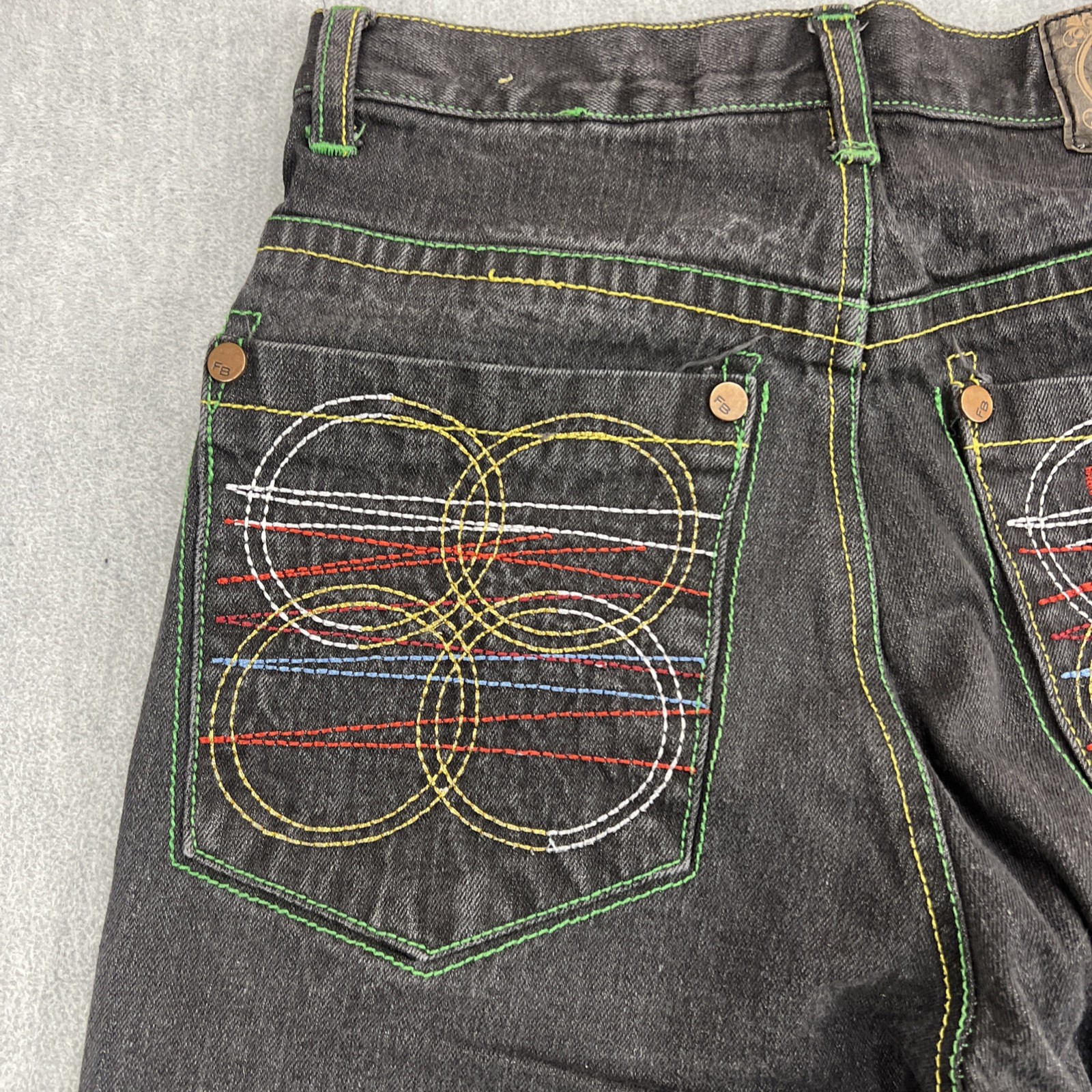Vintage FUBU 90s Jeans Sz 16 (26×28) Distress Embroidered Pockets Baggy Skater