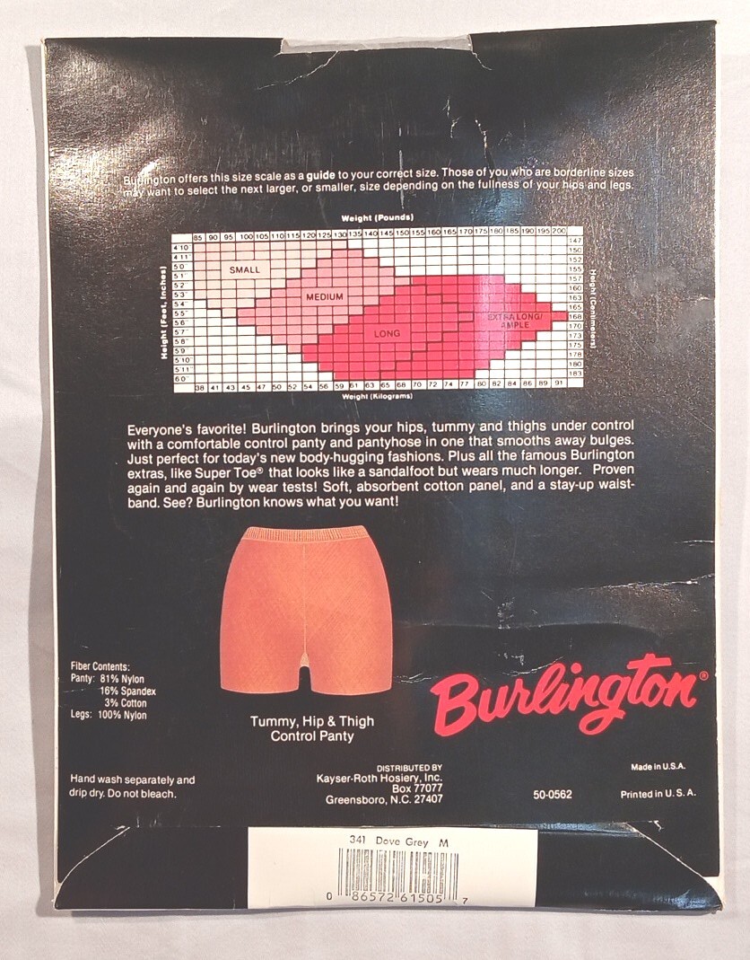 Vintage Burlington Panty Hose Tummy Hip Control Top Sheer Dove Grey Medium NOS