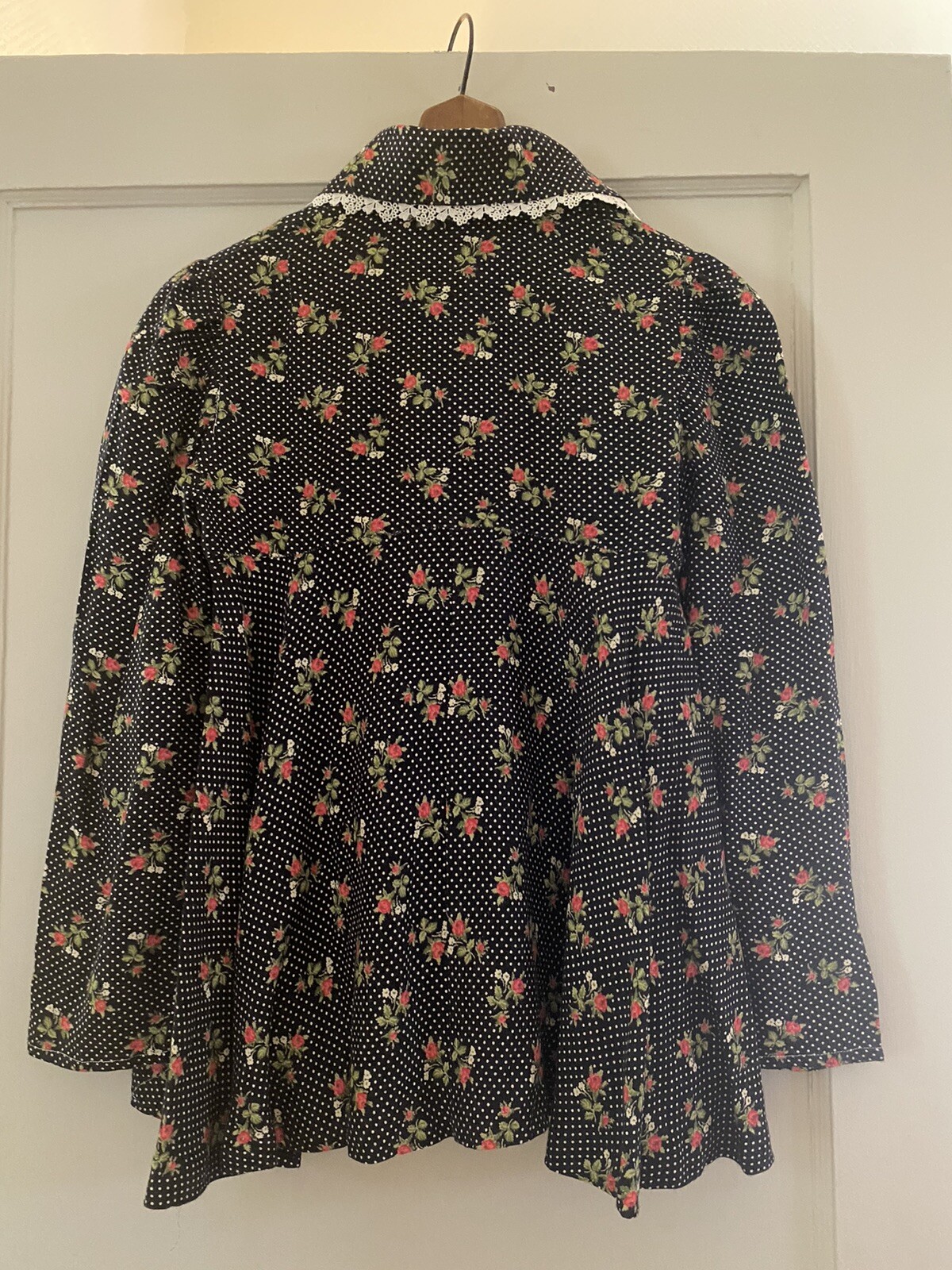 Vtg 70’s Liberty of London Black Polka Dot Rose Blouse W/ Agate Buttons