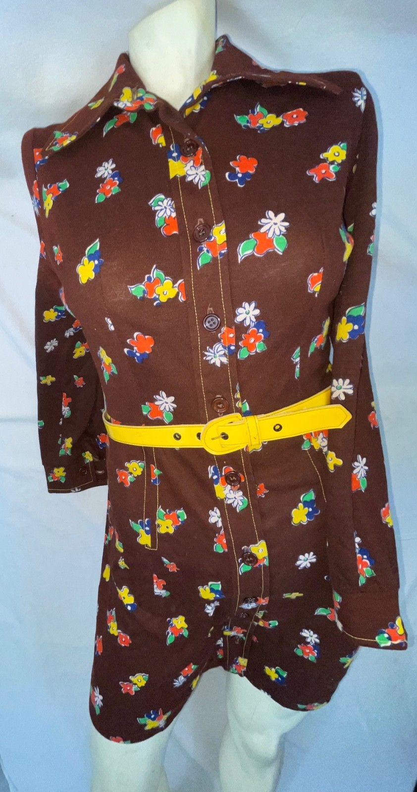 VTG 60S 70 WOMENS BROWN CUTE BABY DOLL MOD GOGO DISCO BUTTON FLOWER PRINT DRESS