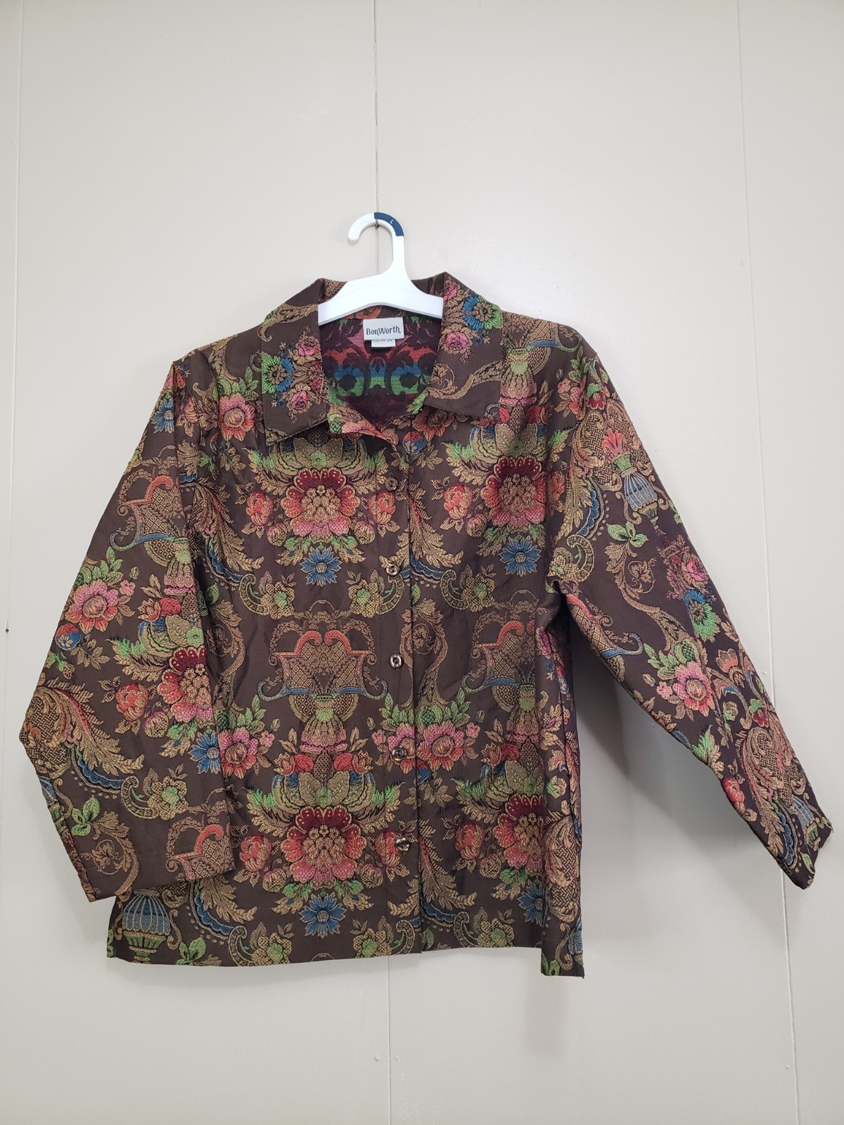 Vtg Bon Worth Women Petite M PM Jacquard Jacket Oriental Floral Brown Pink Artsy