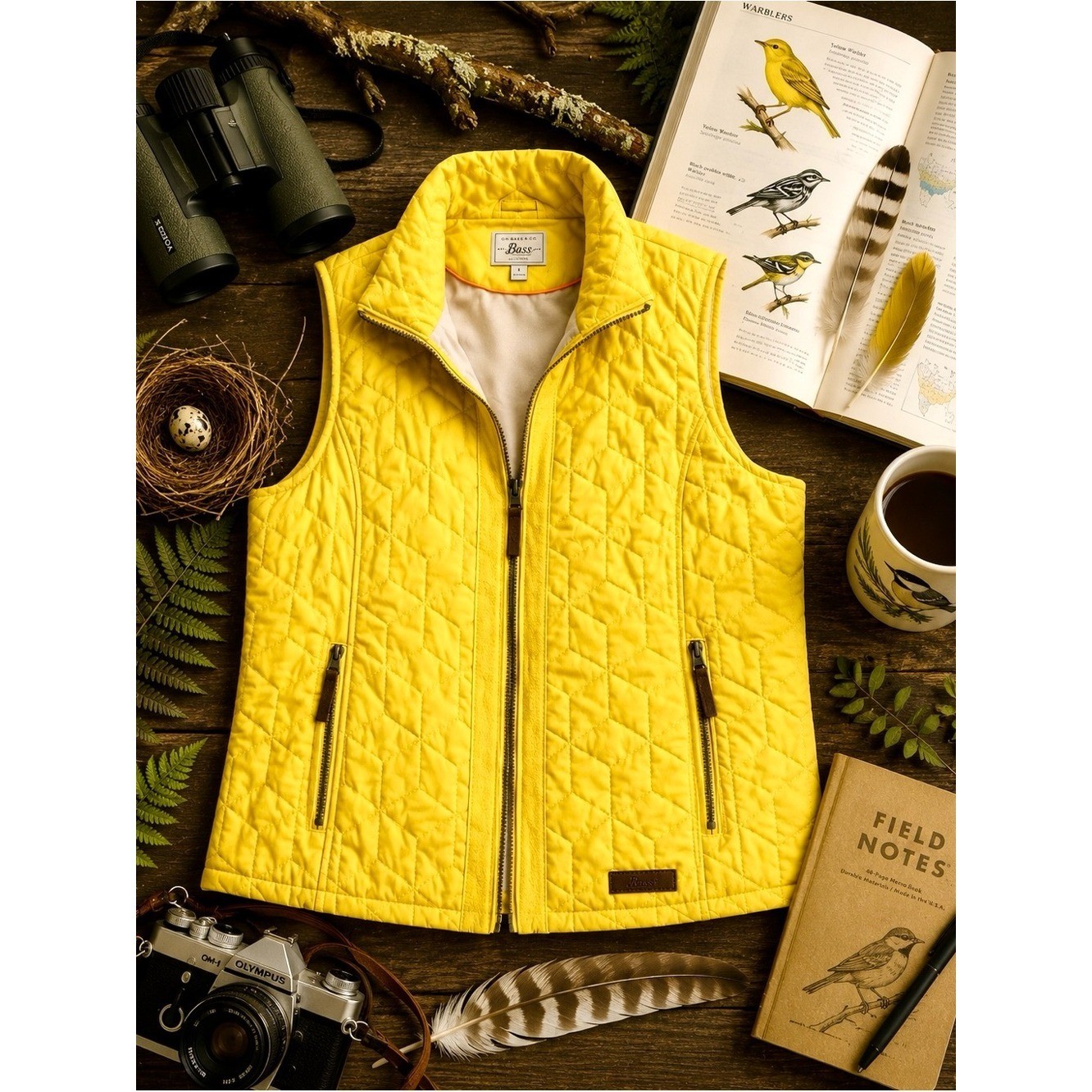 G.H. Bass & Co. Neon Yellow Quilted Puffer Vest Size Large Full Zip Gorpcore EUC