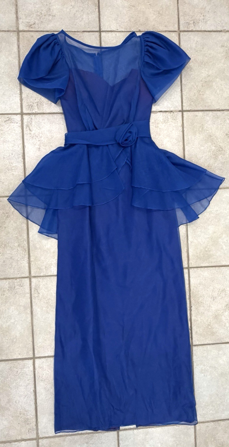 Vintage 1985 Royal Blue Rosette Short Sleeve Prom Party Dress – Sz. 11-12 – USA