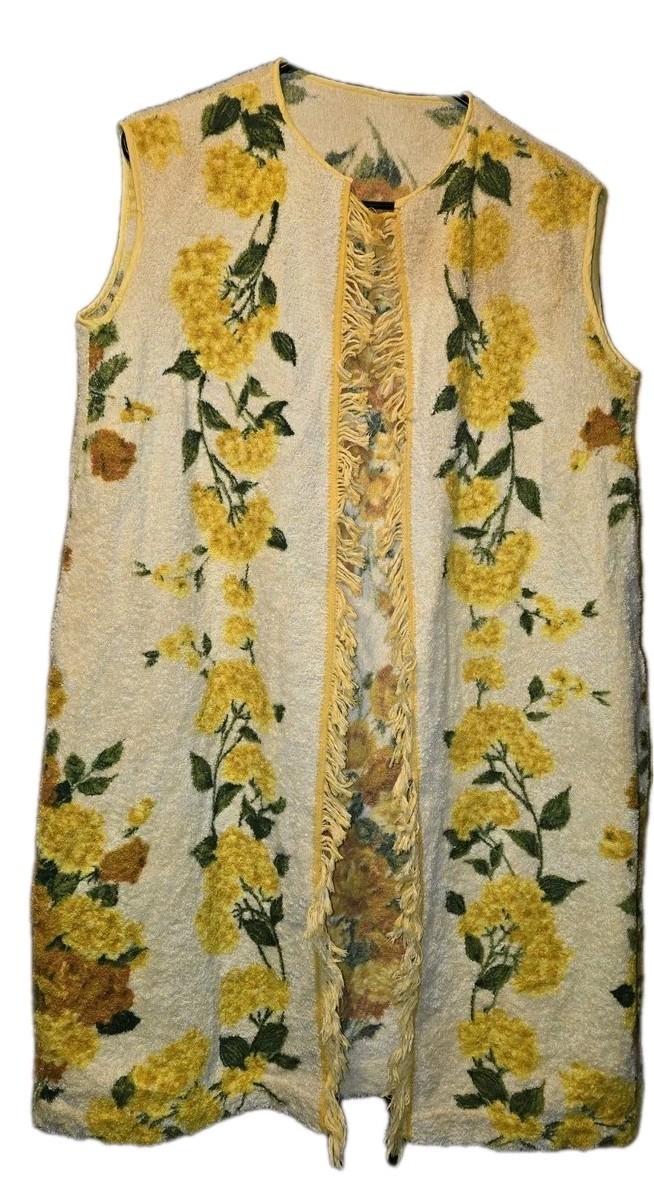 Vintage Handmade Terrycloth Floral Duster/swimsuit Cover up With Fringe