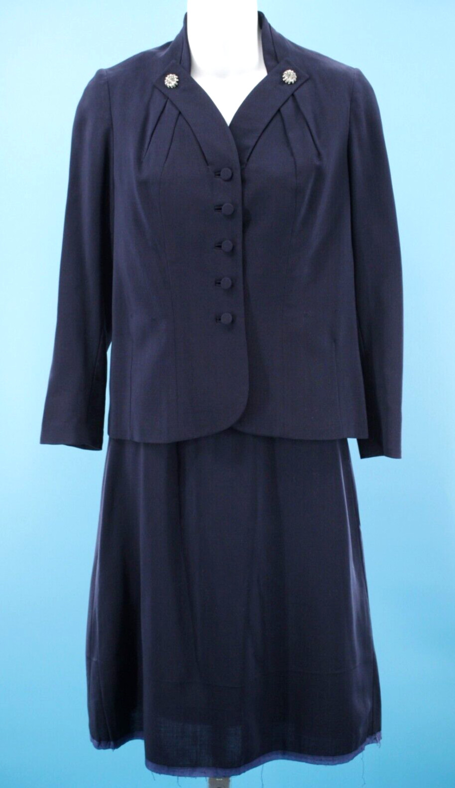 VTG Womens 50s Navy Wool Dress Suit W/ Rhinestones XXS/XS 1950s Jacket Skirt Set