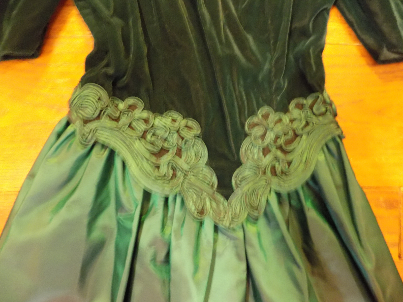 Vtg Alfred Angelo Velvet Corset Emerald Tafetta Skirt Crinoline Bow Gown Dress