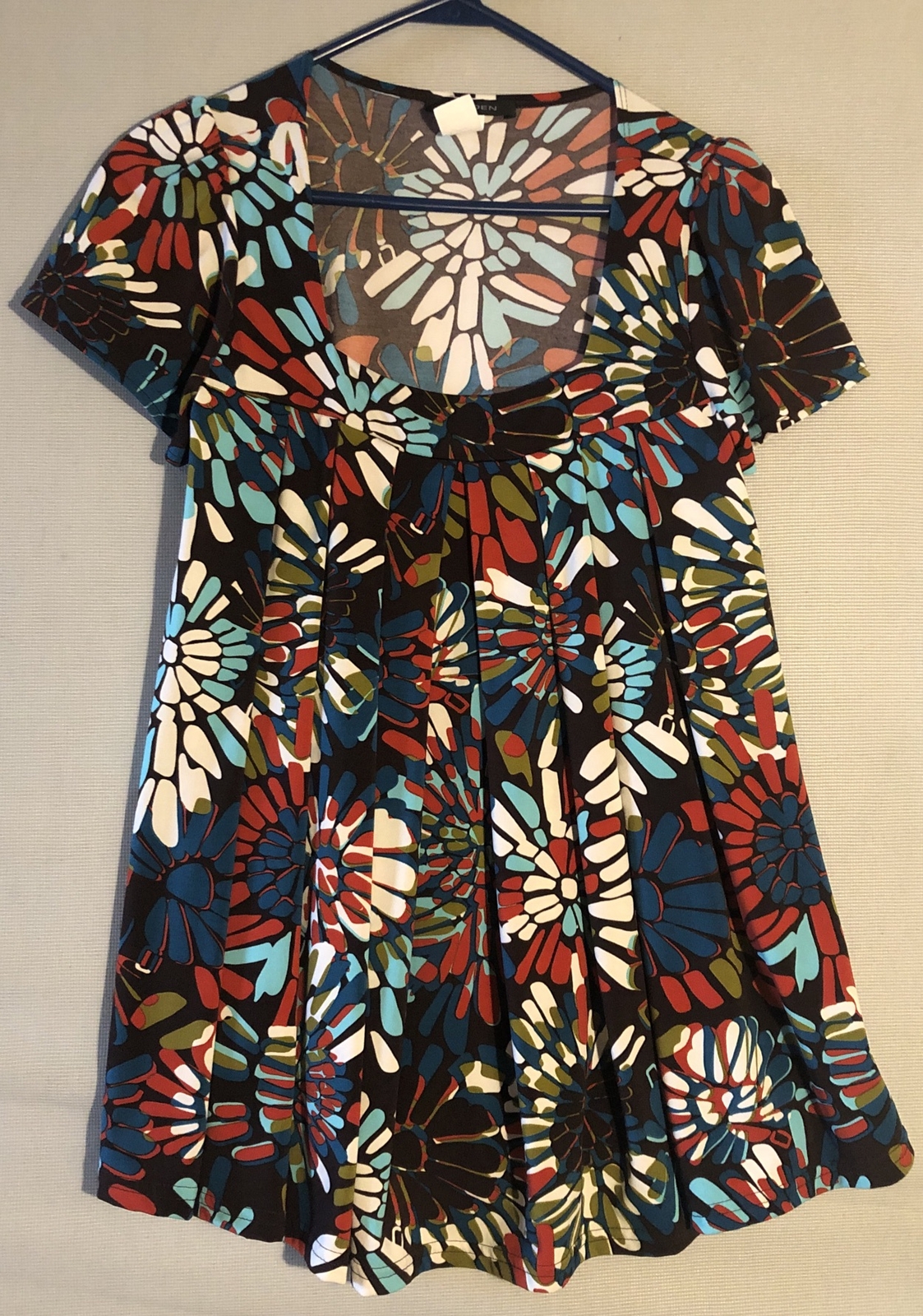Vtg Jonden Groovy Hippie Brown Floral Pleated Babydoll Tunic Flowers Square Neck