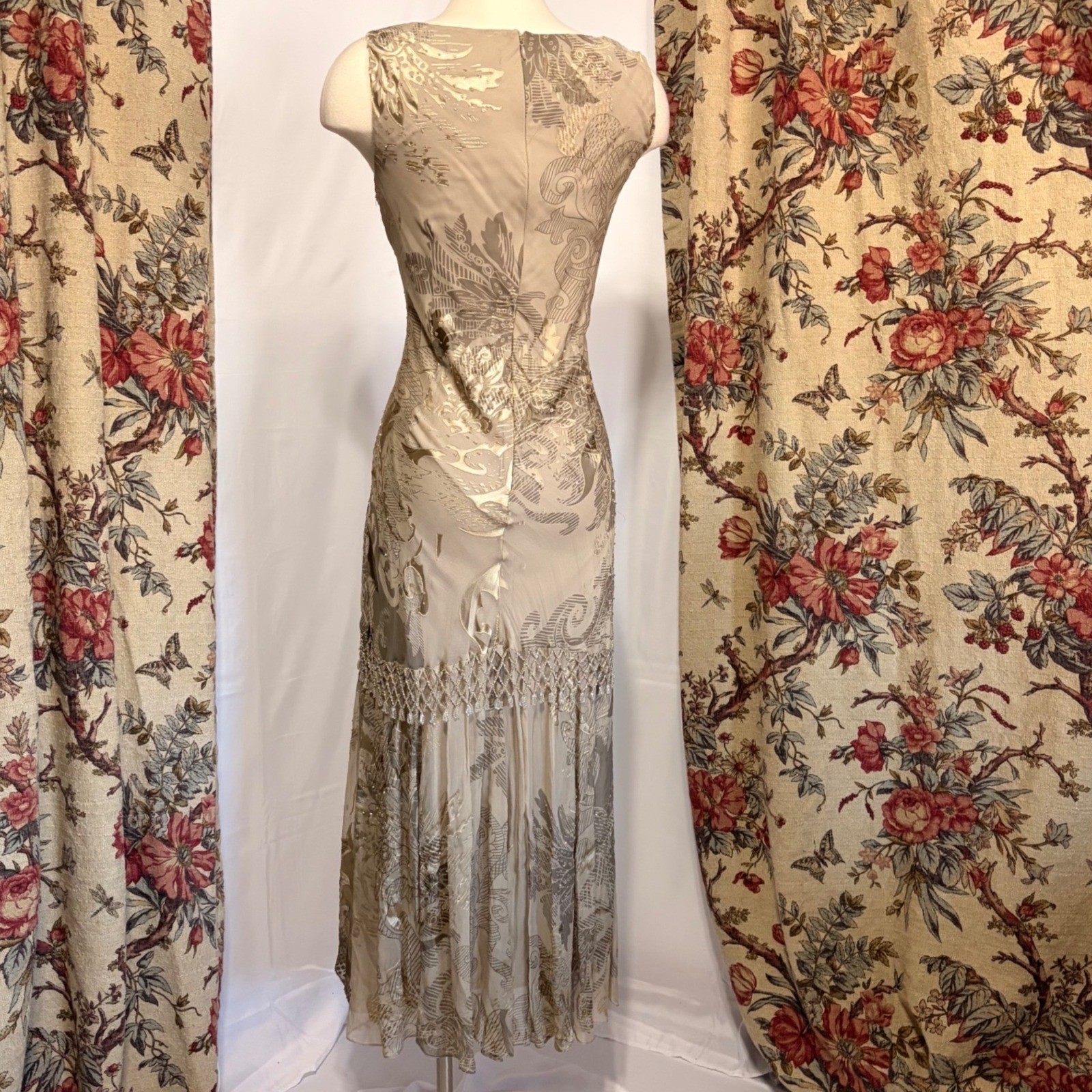 Alex Evenings Vintage Beige Floral Beaded gown with gorgeous fringe detailing