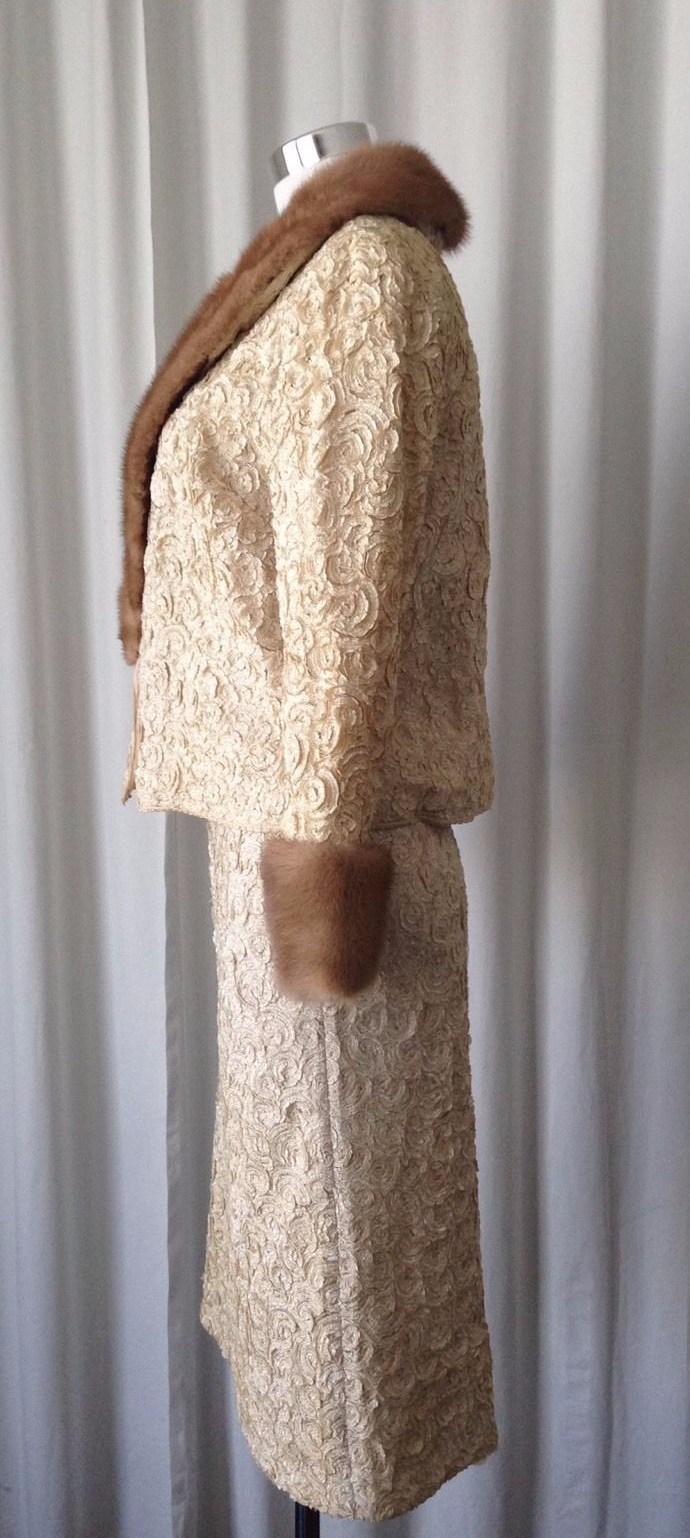 Vintage 60’s Freedman’s Boutique Dresses Ivory 3 Pcs Skirt Set With Mink Trims