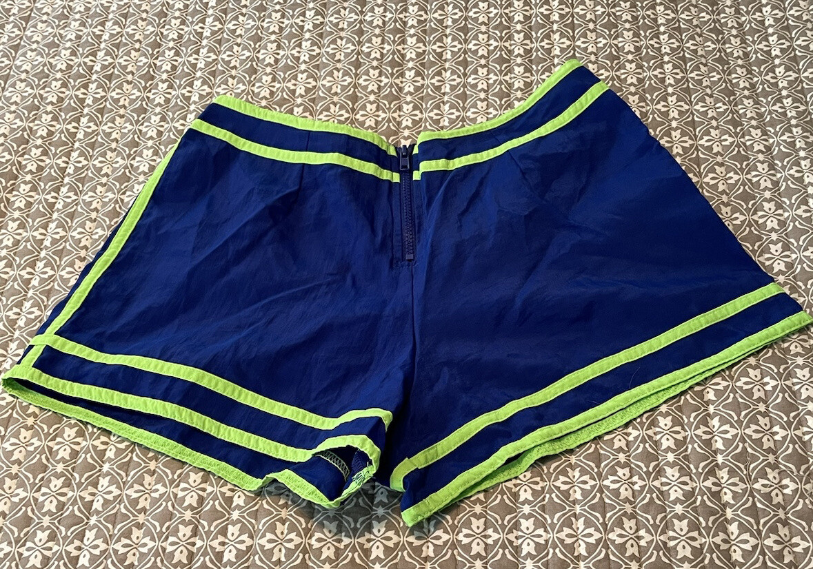 Vtg Women’s M Jantzen Front Zippered Navy W/Green Stripe Nylon Shorts Swim Jog