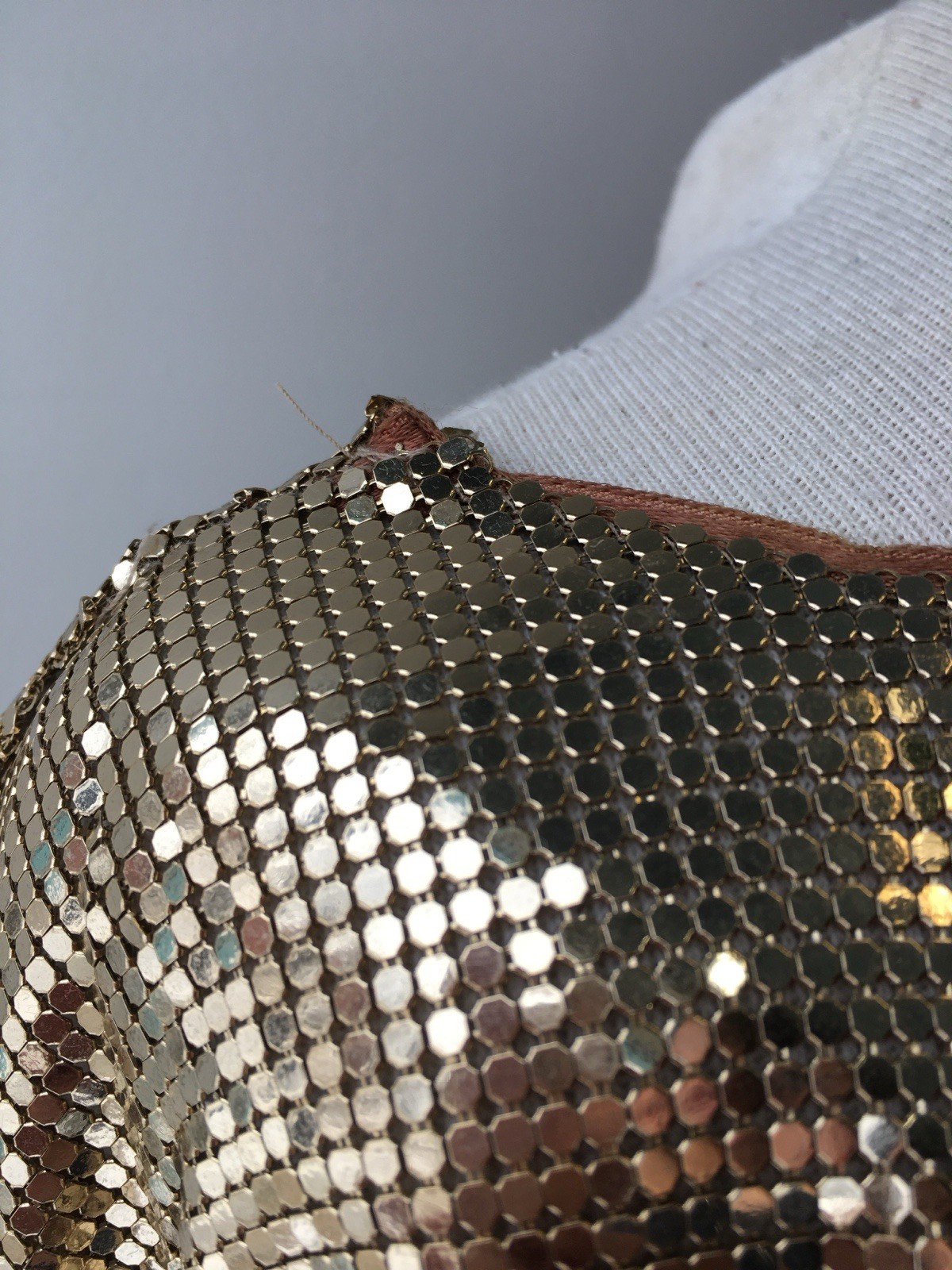 Vtg Whiting Davis Liquid Gold Metal Mesh Chain Mail Draped Front Top 70s Disco M