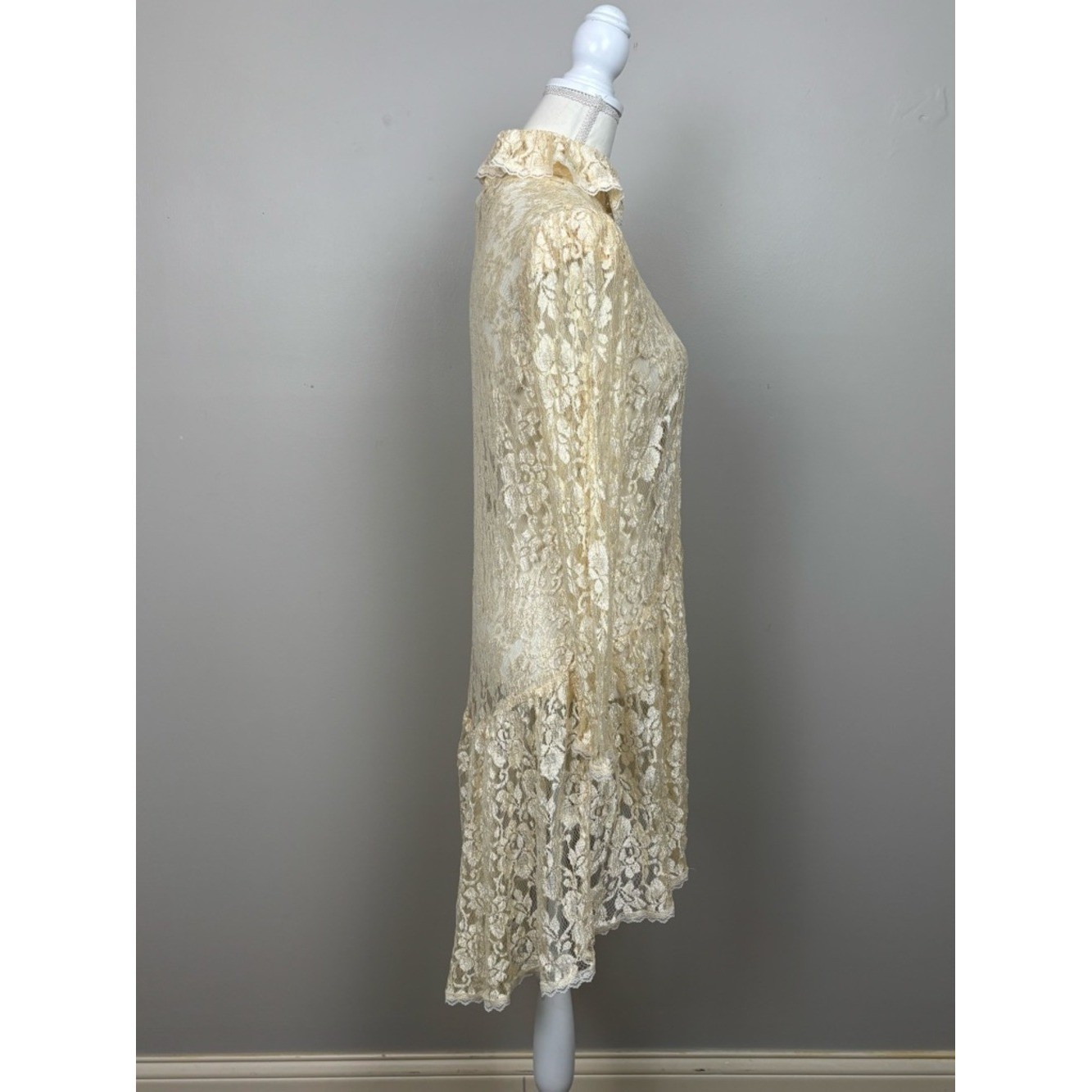 Vtg Jessica McClintock Top Women Lg Cream Lace Tunic Cardigan Victorian Coquette