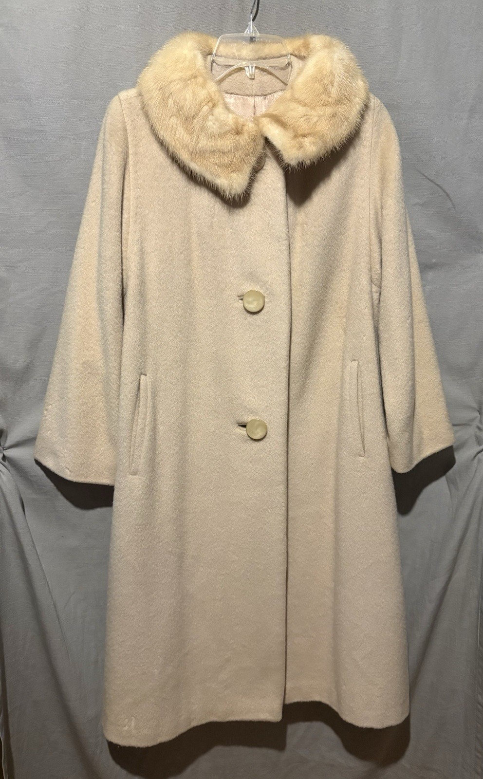 Vintage Forstmann Beige Wool Coat with Mink Fur Collar Small Some Damage!