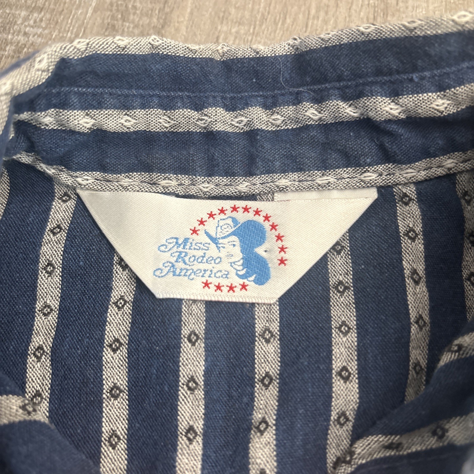 Vtg Miss Rodeo America Prairie Western Blouse Blue Stripe Puff Sleeve Cowgirl