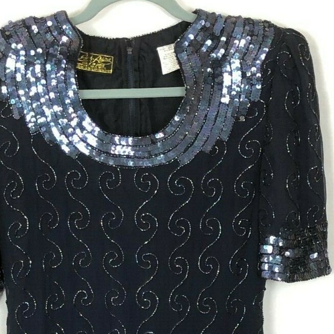 Vtg 80s Sequin Beaded Silk Dress M Glam Goth Dark Cocktail Sparkle Deco