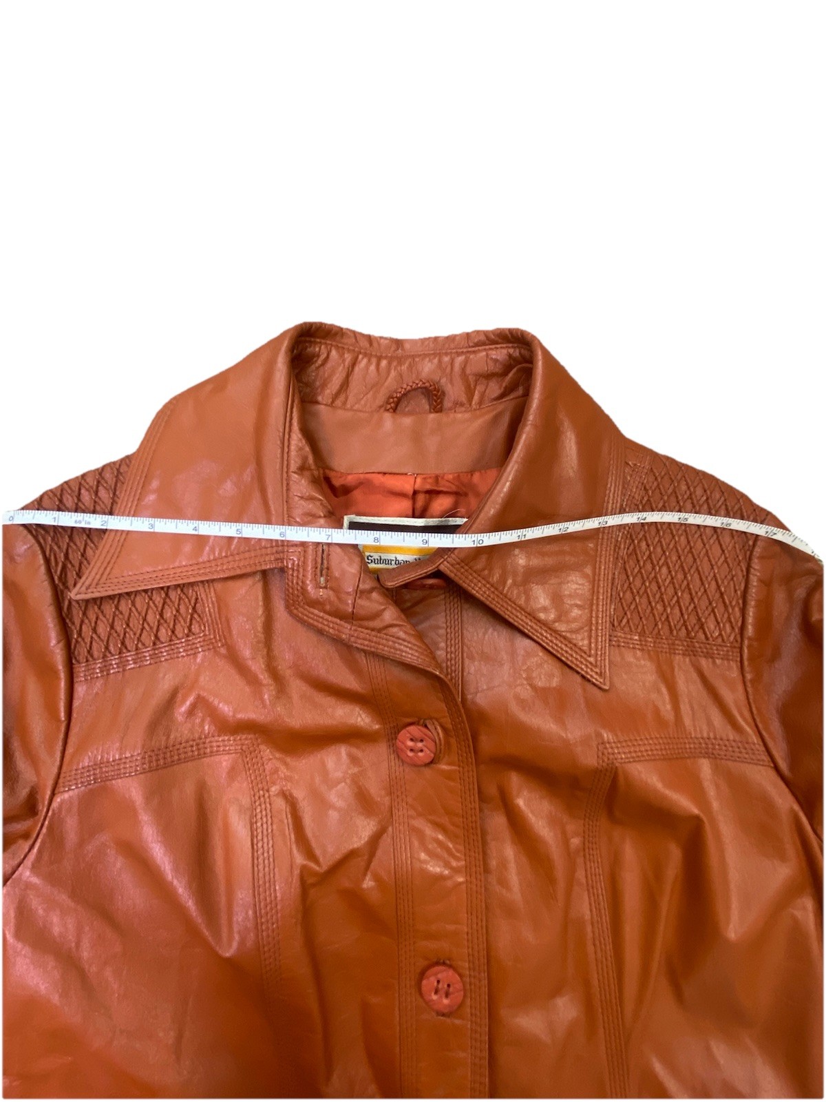Vintage 1970s Suburban Heritage Leather Terracotta Dagger Collar Coat Bust 36