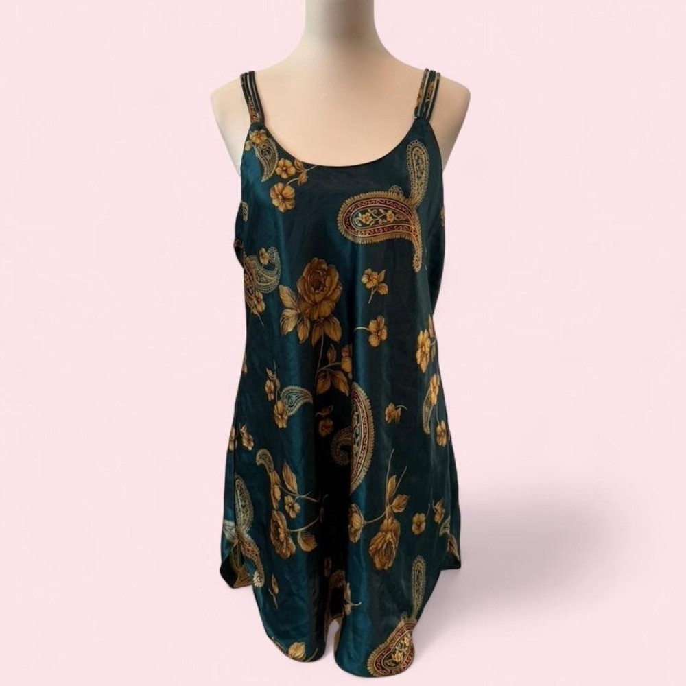 Vintage Cinema Etoile Teal Paisley Floral Slip Dress Spaghetti Strap Size L