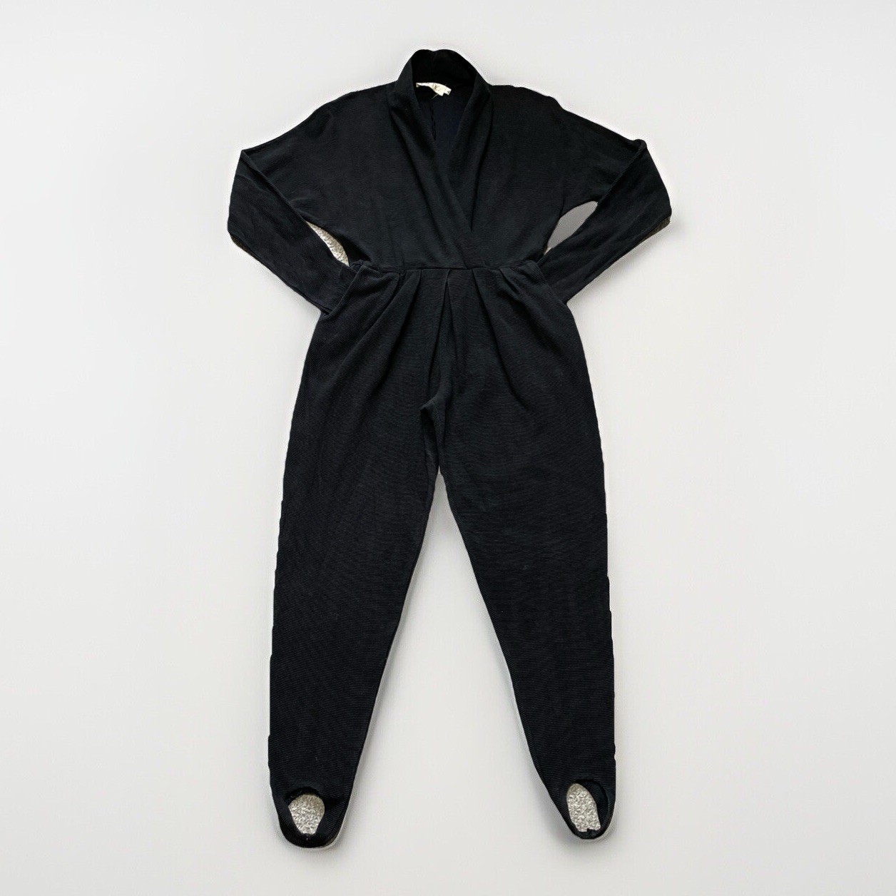 Cache VTG 80s Jumpsuit Sz M * Black Ribbed Knit Stirrups Stretch Pleated Vneck