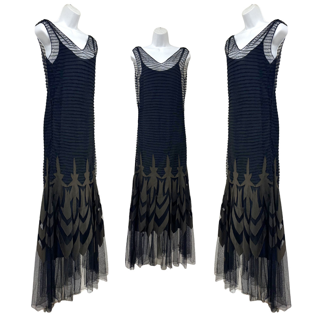 Vintage 1920s Art Deco Black Sheer Pintuck Mesh Flapper Applique Maxi Dress/Slip