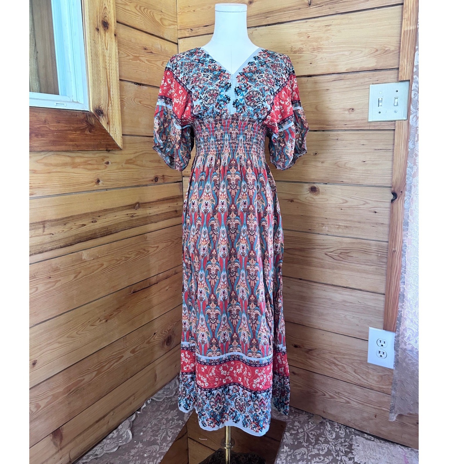 Vintage Boho Maxi Dress Womens Large Red Paisley Patchwork Smocked Puff Sleeve