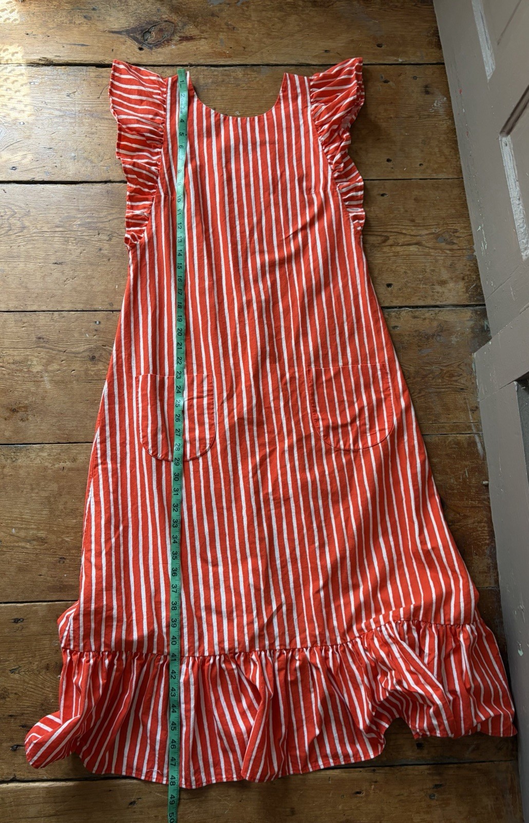 Vintage 1960s 1970s Marimekko Mariessu Red White Piccolo Stripe Apron Dress S