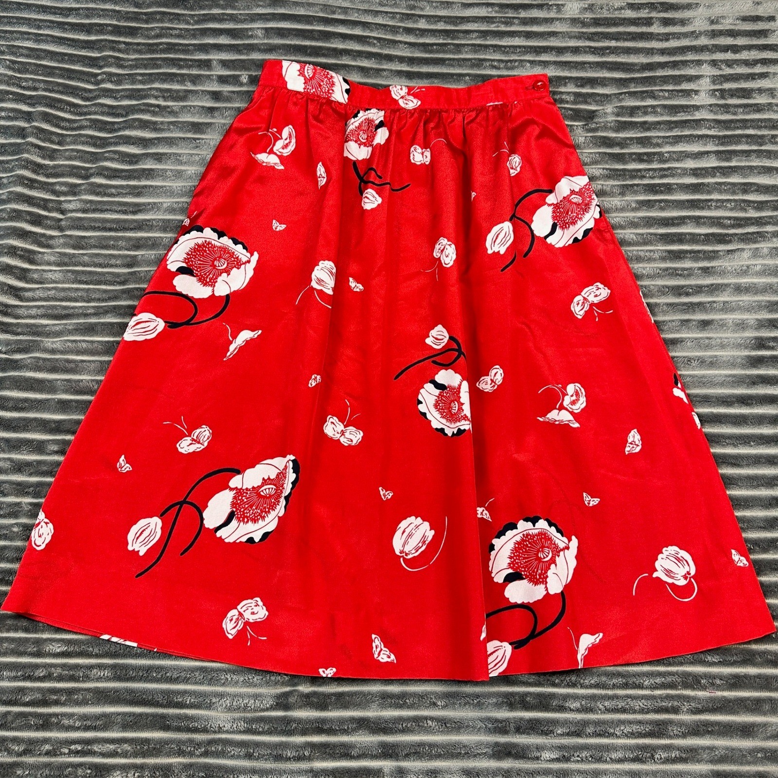 Vintage Pan-her Red Floral Butterfly A-Line Skirt ILGWU Made in USA Retro 27W