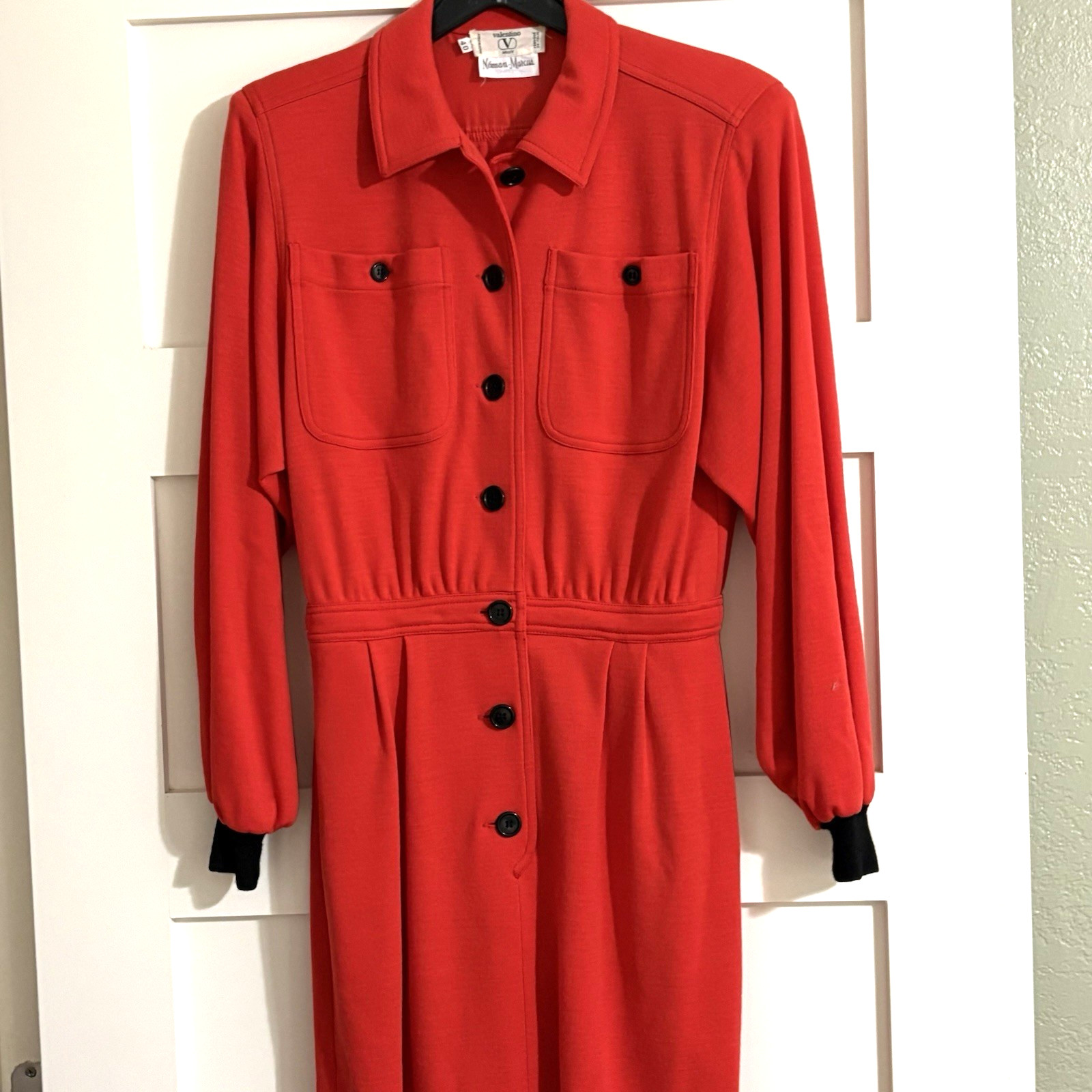 Vtg 80’s Valentino Miss V Dress Sz 6 42 Red Wool Long Sleeve Utility Dress Shirt