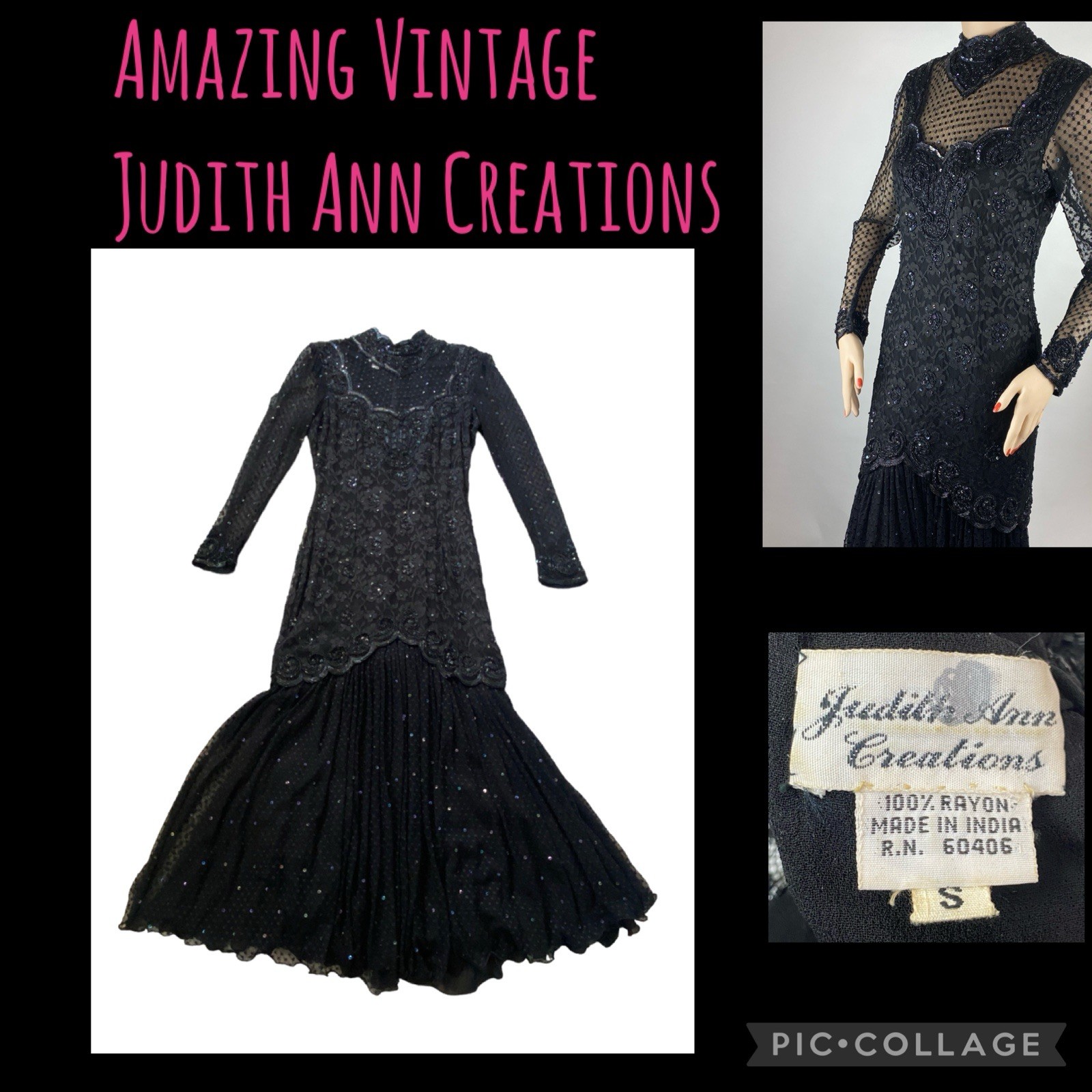 Vintage JUDITH ANN Creations Black Beaded Prom Formal Dress Gown S 80s 90s