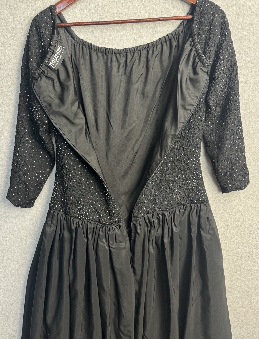 VTG 80s Ted Lapidus Paris Off Shoulder Beaded Dress Gown Sz 8 Black Formal