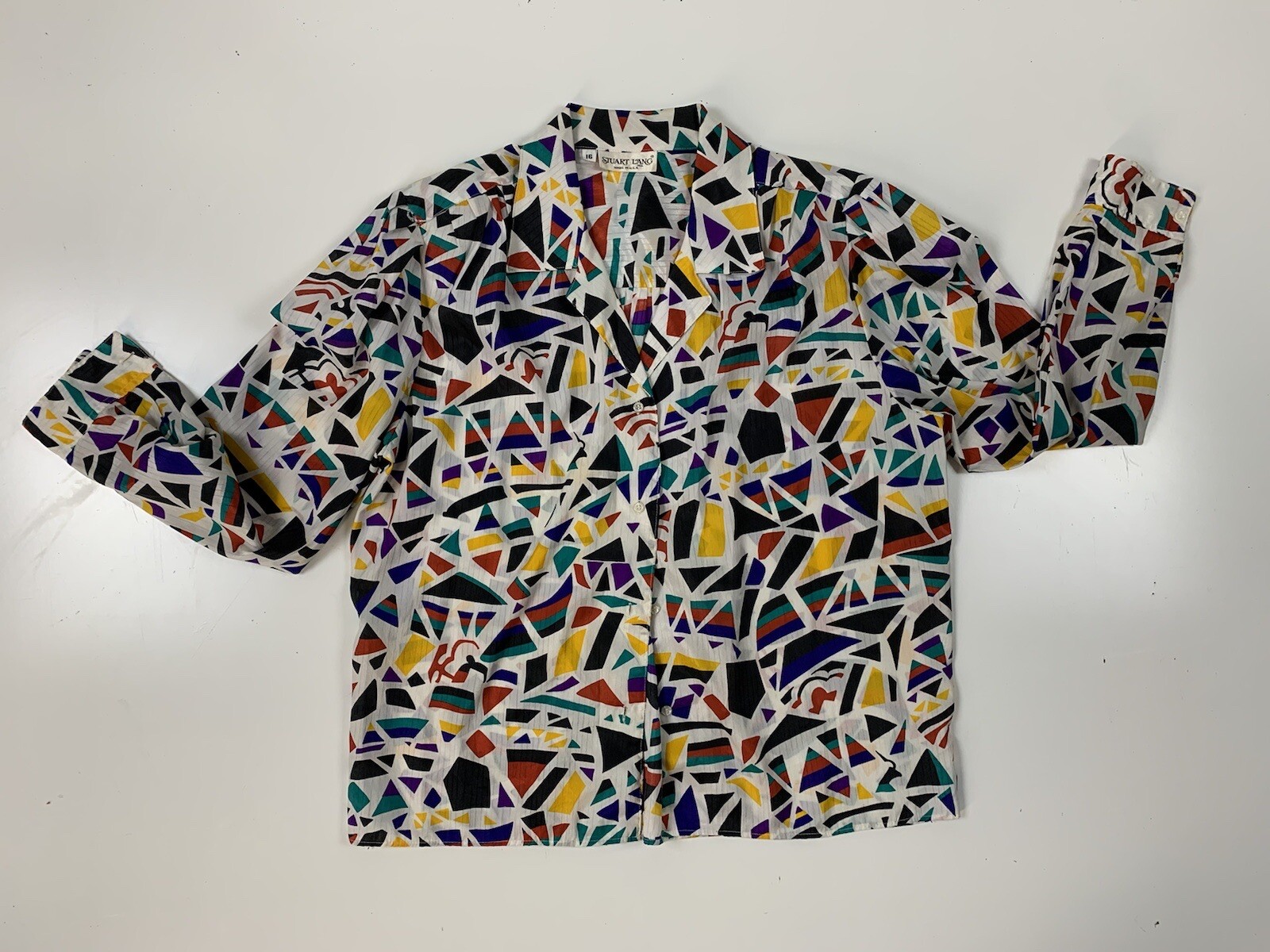 Vtg 80s Stewart Lang Blouse Multicolor Geometric Print Silky Poly Long Sleeve 16
