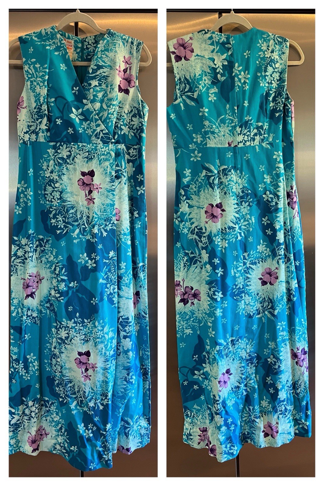 VTG Sears Hawaiian Fashions Maxi Dress Blue Floral Tiki Textured VTG Size 16