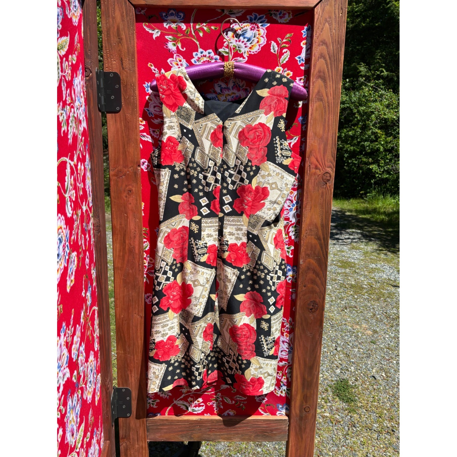 100% Silk Vintage Red Black Patchwork Print Boho Chic Euro Summer Dress Size S-M