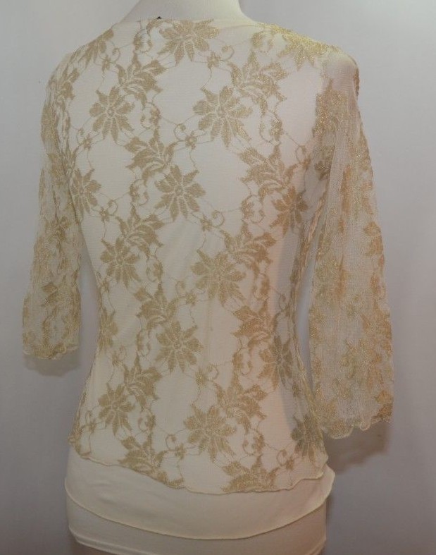 VTG 80s Wrapper Ivory Gold Lace Lined Fitted Sexy Top Women M USA Made