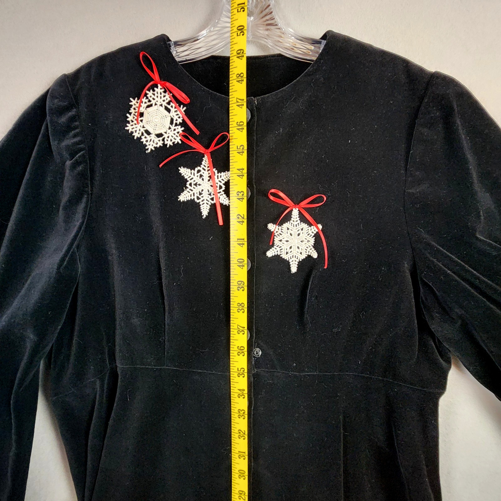 Holiday Dress Black Velvet w/Snowflake Appliqué Red Bows Button Front Long