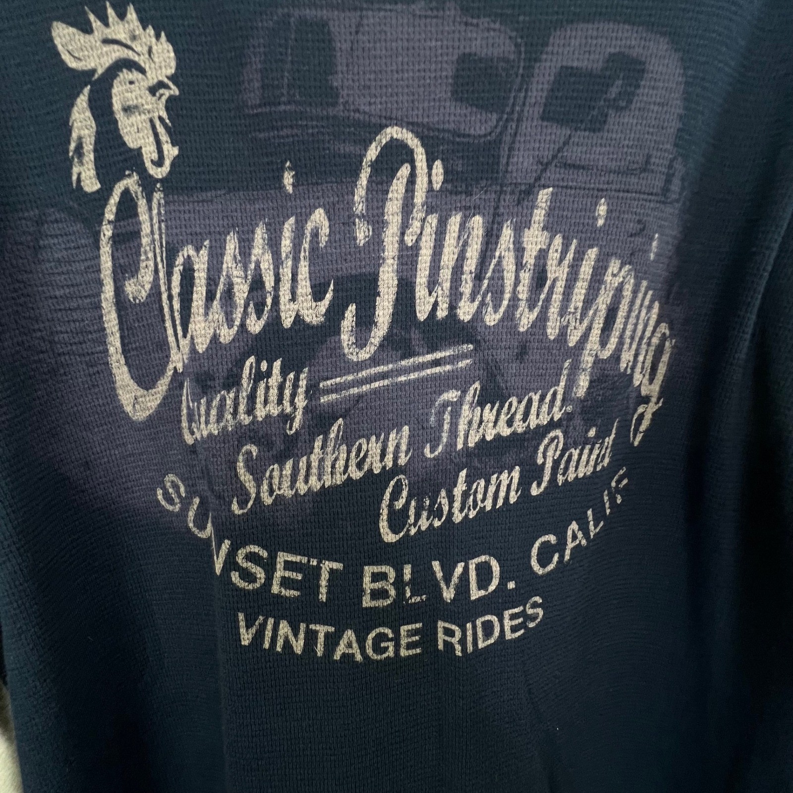 Retro Rugged Navy Blue Waffle Knit Thermal Graphic Shirt Large Biker West Coast