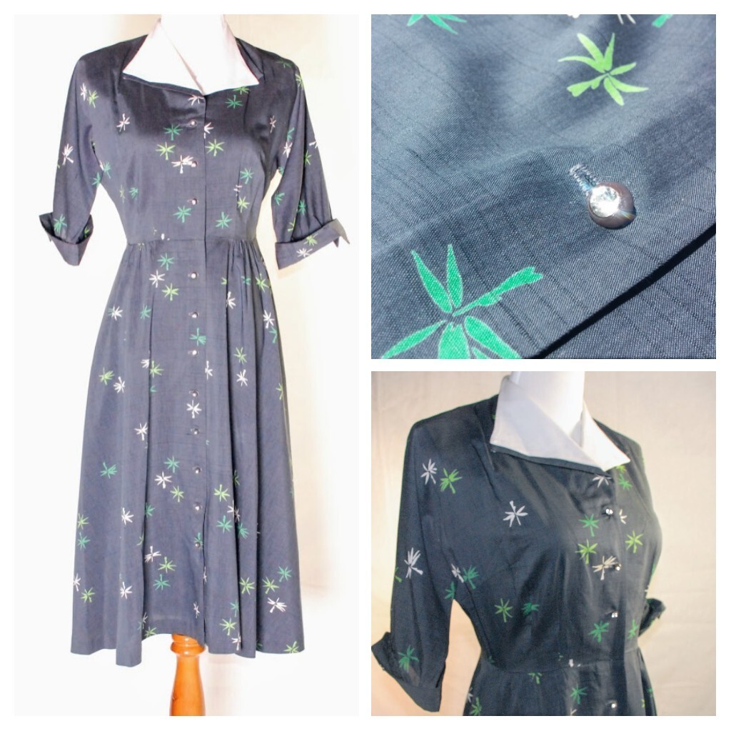 Vintage 50s Novelty Print Blue Bamboo day shirt dress rhinestone button down B38