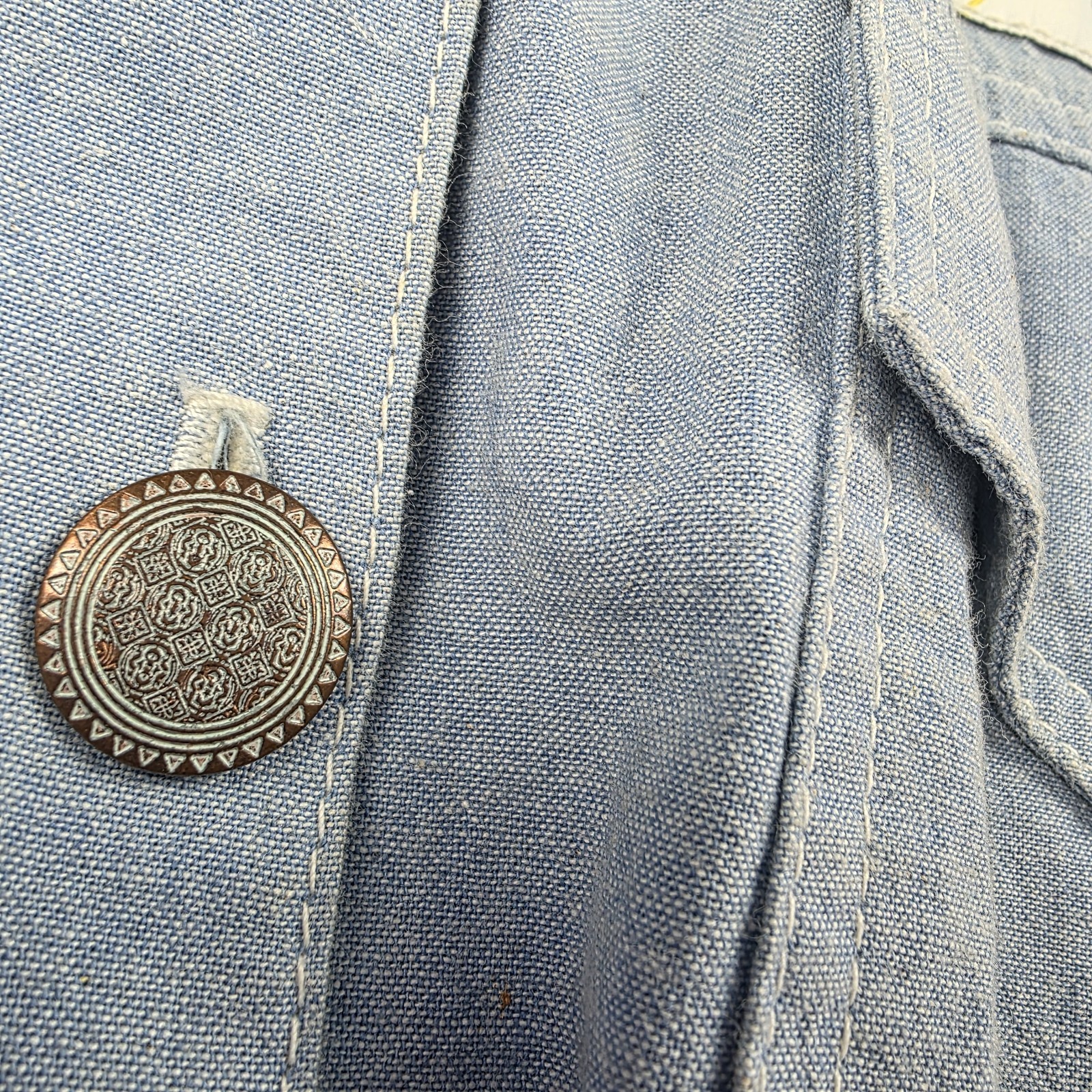 Madness Vintage USA Chambray Bodysuit Womens S Artsy Travel Americana Patches